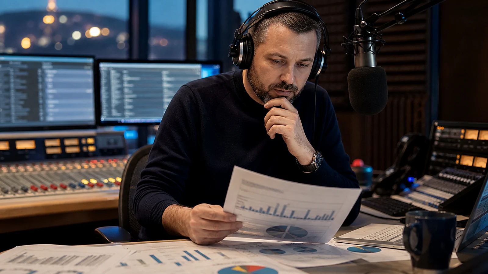 Voditelj u radijskom studiju pregledava lokalne glazbene rubrike i bilješke slušatelja